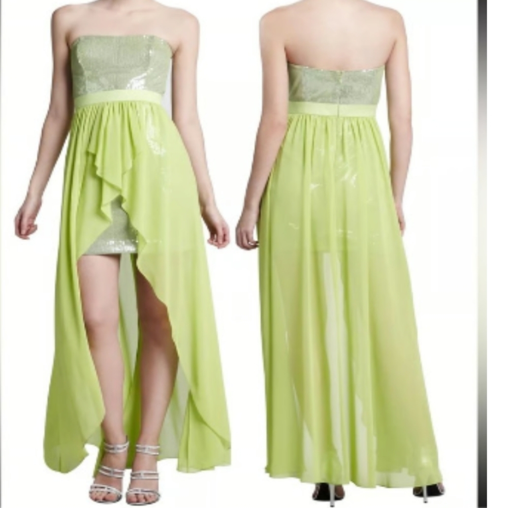 Cache Bright Green Sequin Chiffon Strapless High-Low Maxi/Mini Dress Size 4 Lime